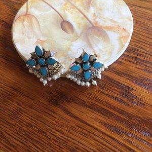 Turquoise and Silvertone Pearl tassel Cluster Earrings